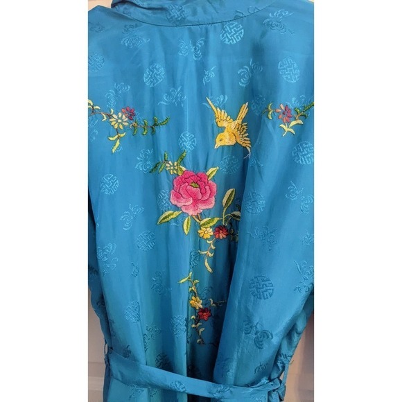 Vintage Golden Bee Asian Turquoise Robe with Belt, Rayon, Small - Picture 2 of 8